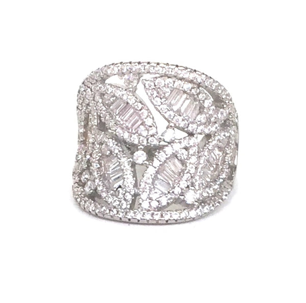 WIDE LEAVES BAND PAVE CZ STERLING SILVER RING