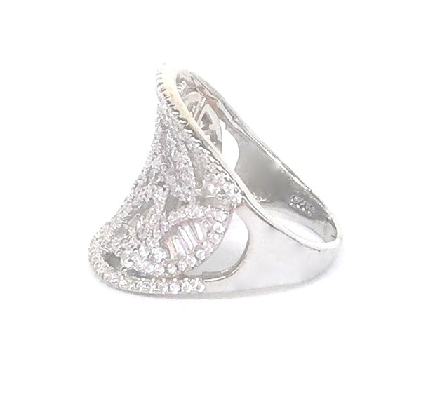 WIDE LEAVES BAND PAVE CZ STERLING SILVER RING
