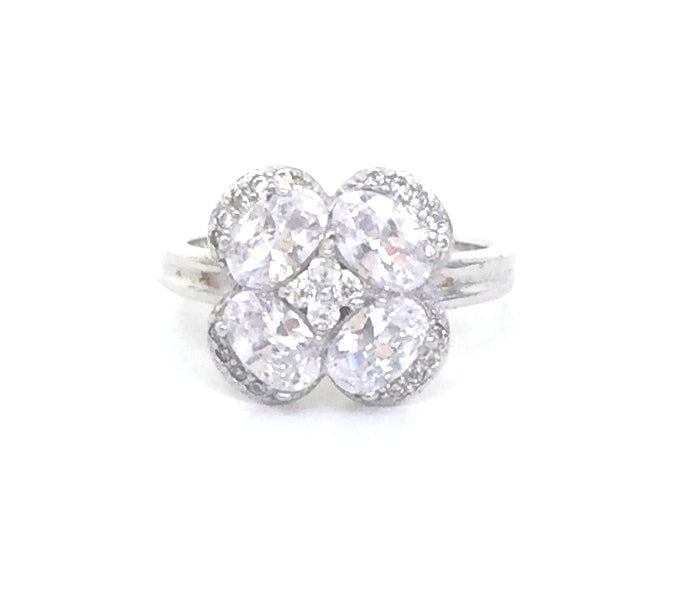 FOUR PETAL FLORAL PAVE CZ STERLING SILVER RING