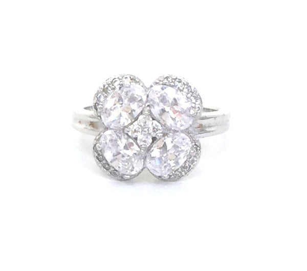 FOUR PETAL FLORAL PAVE CZ STERLING SILVER RING