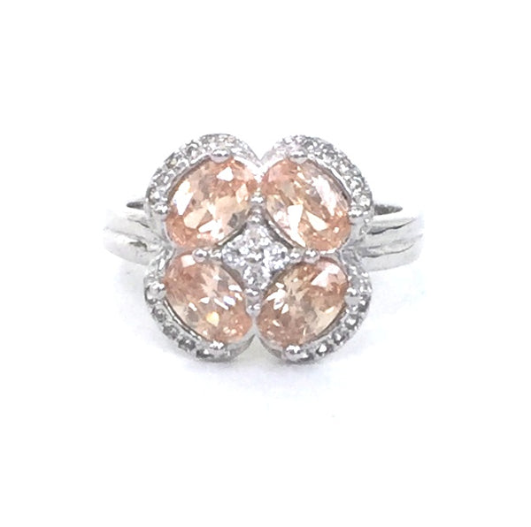 FOUR PETAL FLORAL PAVE CZ STERLING SILVER RING