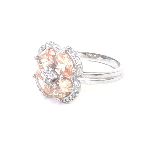 FOUR PETAL FLORAL PAVE CZ STERLING SILVER RING