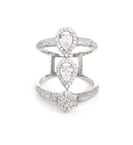 WIDE WATER DROPS AND FLOWER PAVE CZ STERLING SILVER RING