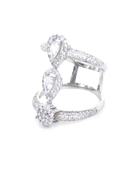 WIDE WATER DROPS AND FLOWER PAVE CZ STERLING SILVER RING