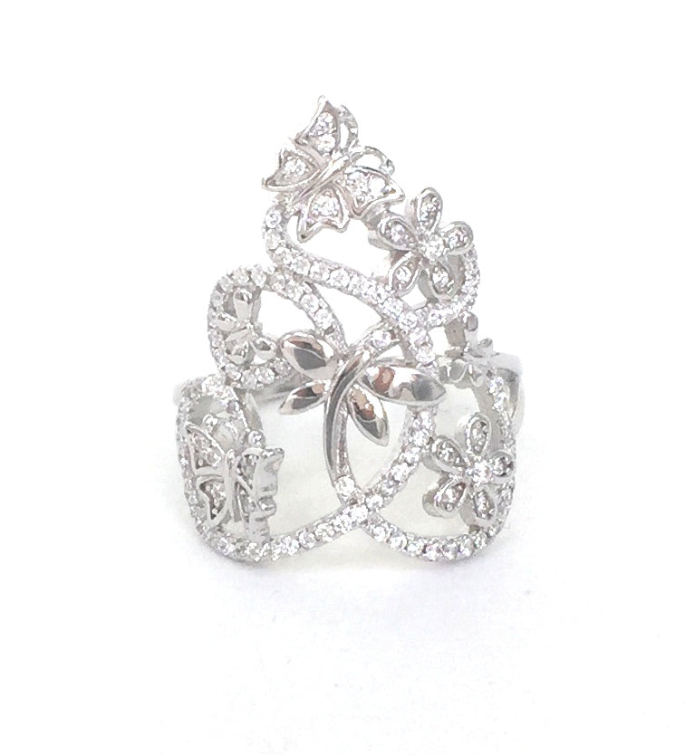 WIDE BUTTERFLY AND FLOWER PAVE CZ STERLING SILVER RING