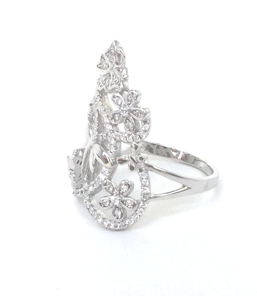 WIDE BUTTERFLY AND FLOWER PAVE CZ STERLING SILVER RING