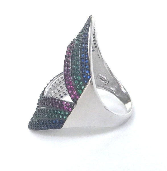THREE COLOR GEOMETRIC SHAPE PAVE CZ STERLING SILVER RING
