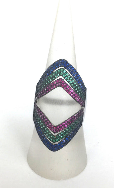 THREE COLOR GEOMETRIC SHAPE PAVE CZ STERLING SILVER RING
