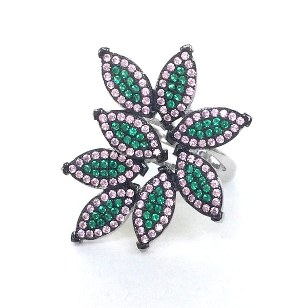 COLOR LEAVES PAVE CZ STERLING SILVER RING
