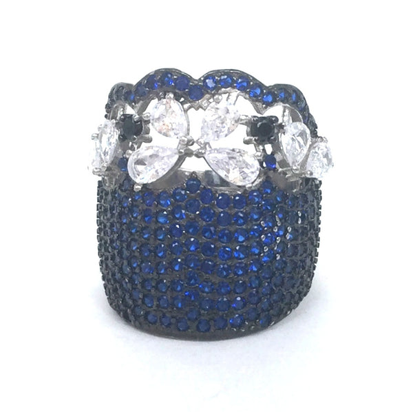 DECORATED WIDE COLOR BAND PAVE CZ STERLING SILVER RING