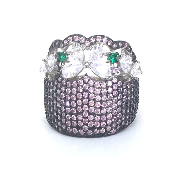 DECORATED WIDE COLOR BAND PAVE CZ STERLING SILVER RING