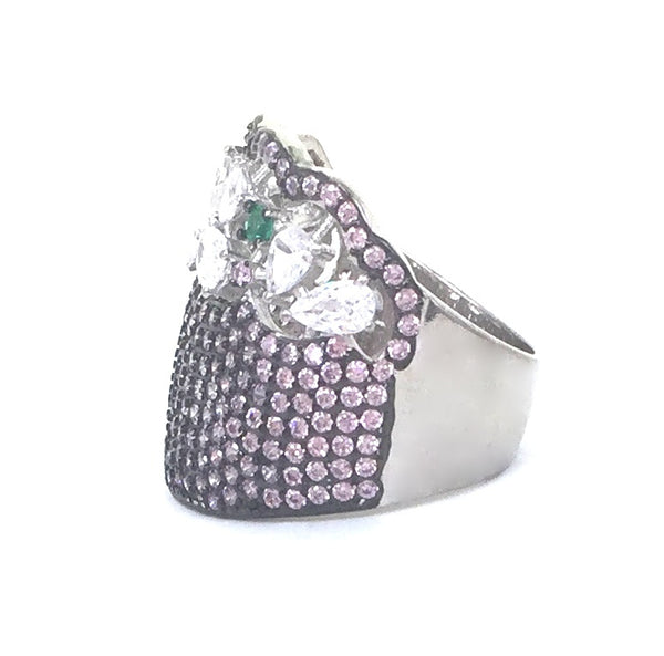 DECORATED WIDE COLOR BAND PAVE CZ STERLING SILVER RING
