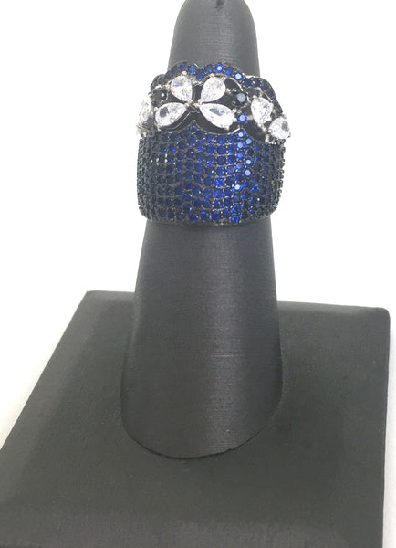 DECORATED WIDE COLOR BAND PAVE CZ STERLING SILVER RING