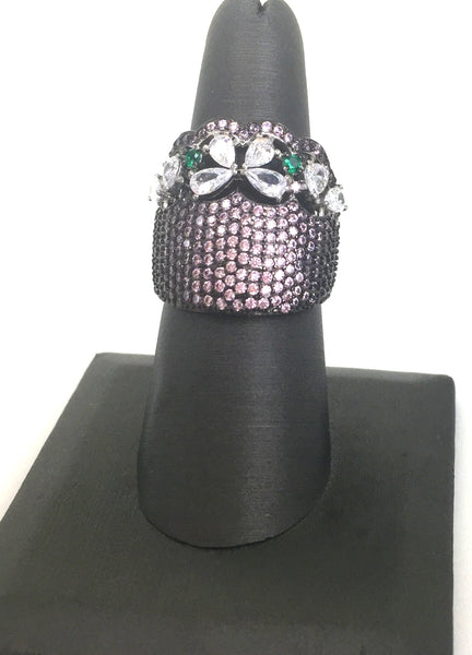 DECORATED WIDE COLOR BAND PAVE CZ STERLING SILVER RING