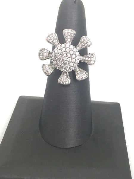 FLOWER SPINNING PAVE CZ STERLING SILVER RING