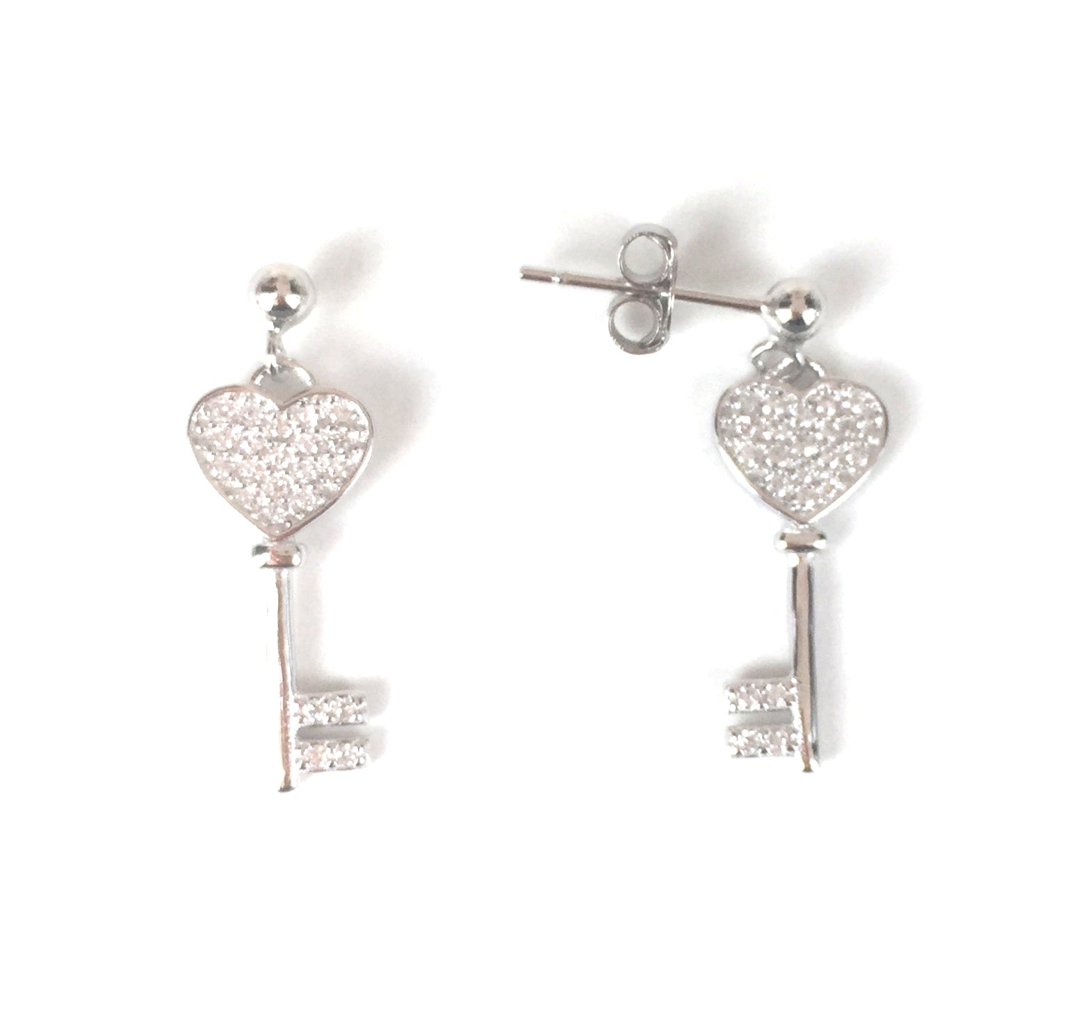 HEART KEY PAVE CZ STERLING SILVER EARRINGS