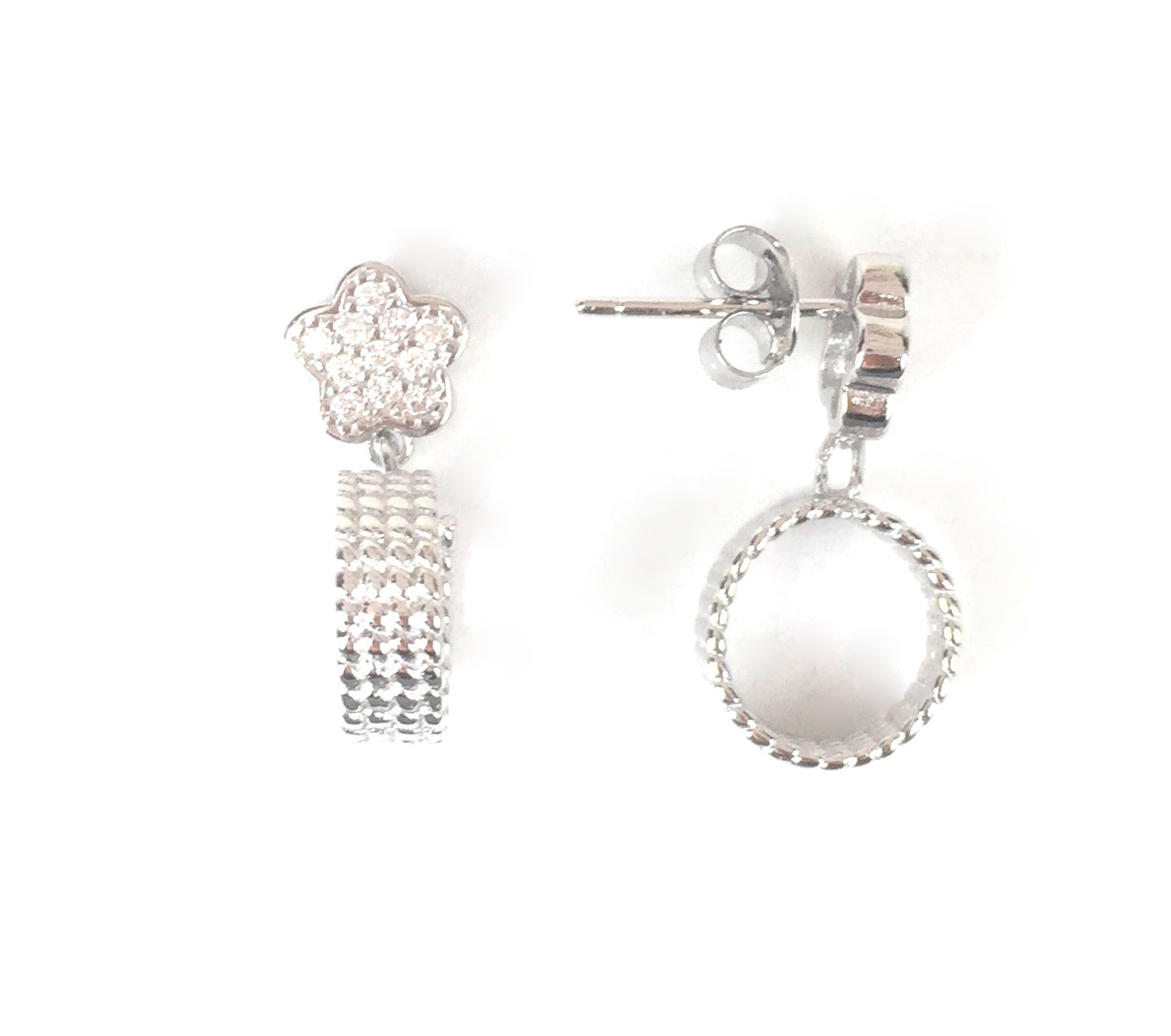 FLOWER AND HOOP PAVE CZ STERLING SILVER EARRINGS