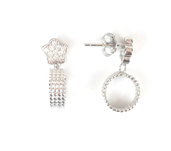 FLOWER AND HOOP PAVE CZ STERLING SILVER EARRINGS