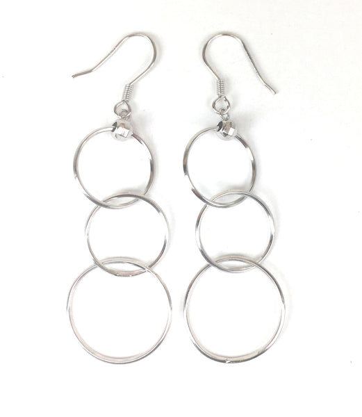 THREE CIRCLE DANGLING STERLING SILVER EARRINGS