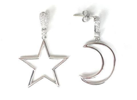MOON AND STAR PAVE CZ STERLING SILVER EARRINGS