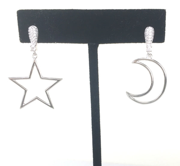 MOON AND STAR PAVE CZ STERLING SILVER EARRINGS