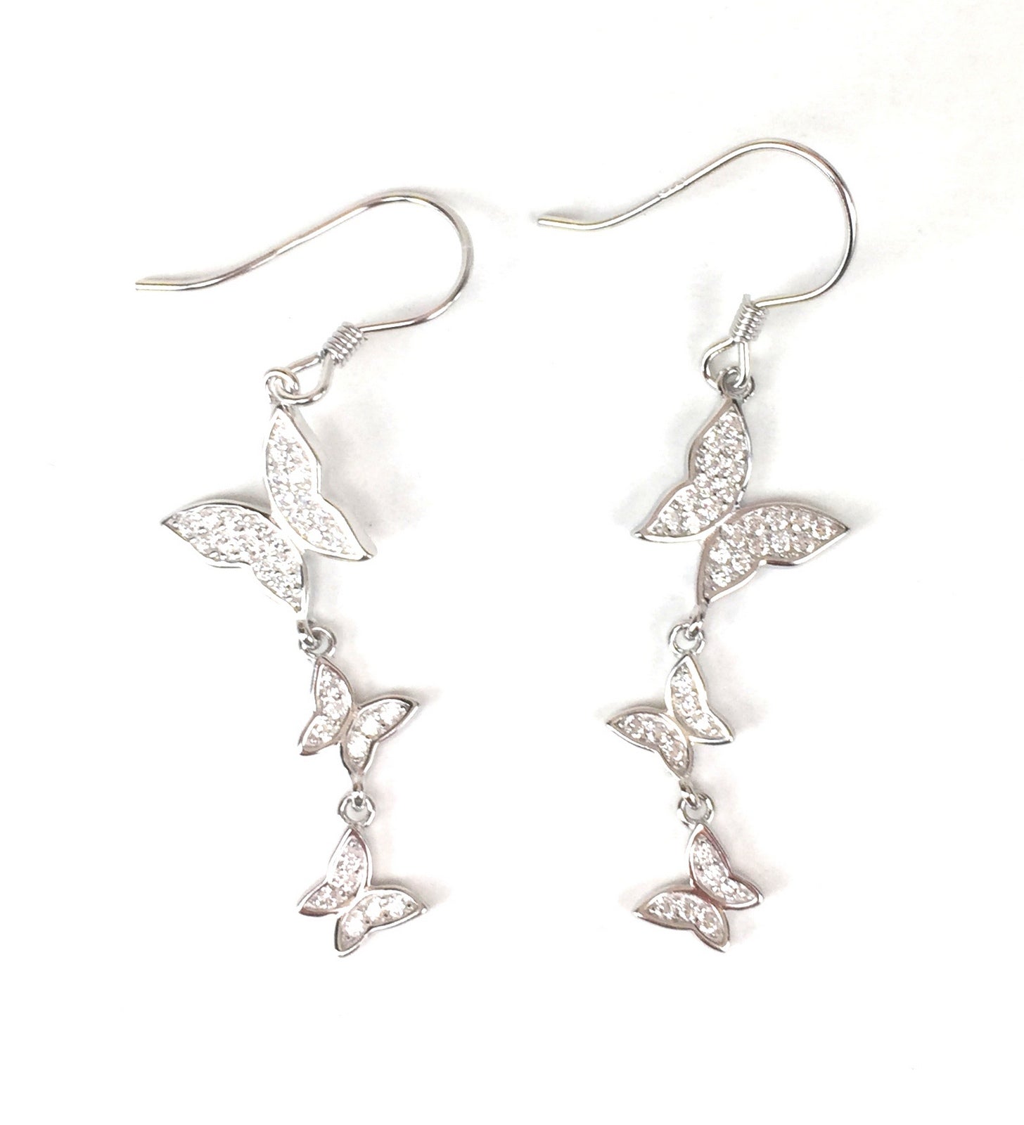 THREE BUTTERFLIES DANGLING PAVE CZ STERLING SILVER EARRINGS