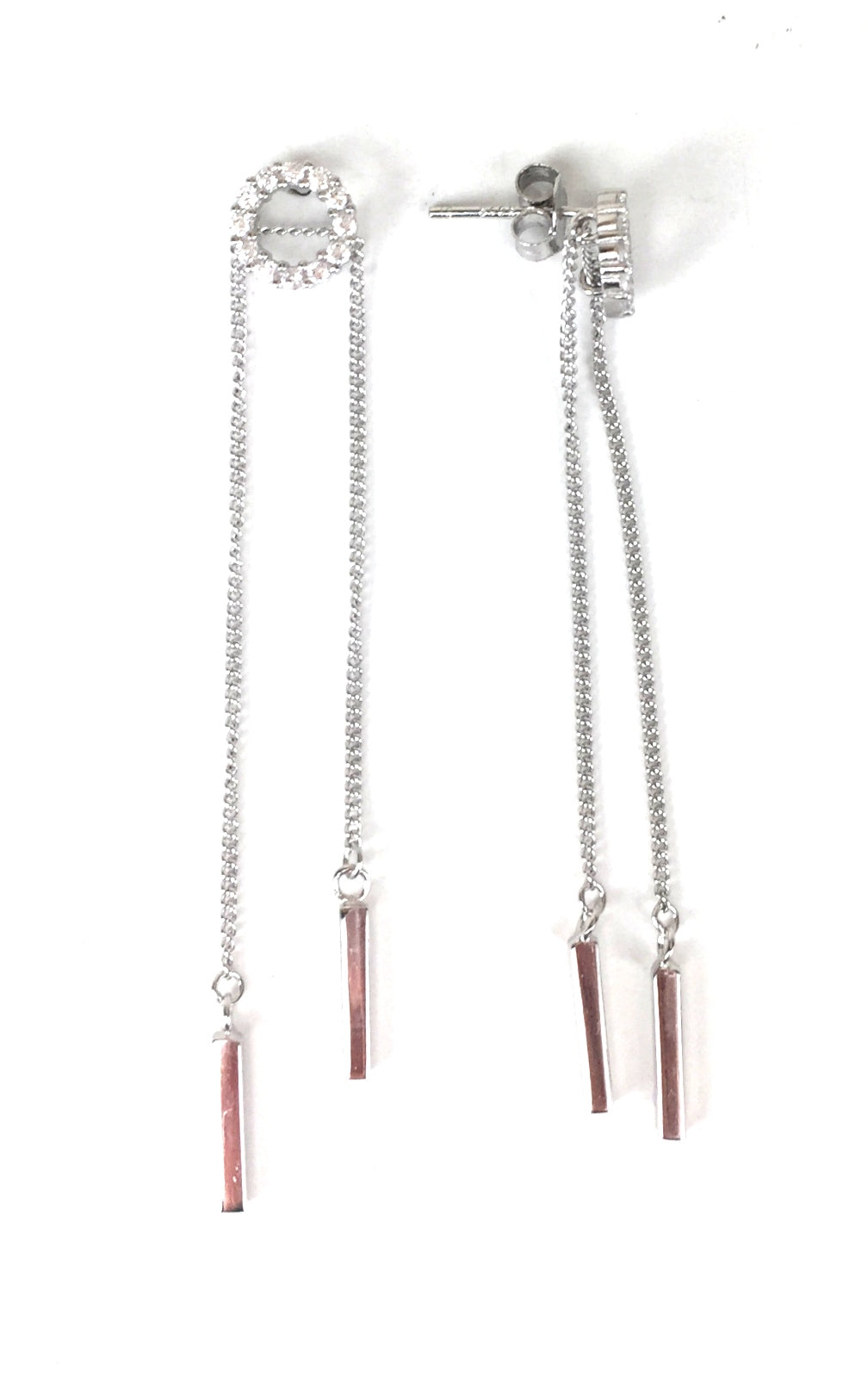 CIRCLE AND TWO DROPPING BARS PAVE CZ STERLING SILVER EARRINGS