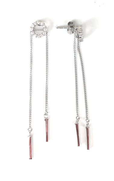 CIRCLE AND TWO DROPPING BARS PAVE CZ STERLING SILVER EARRINGS
