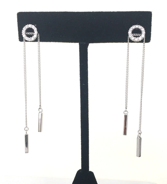 CIRCLE AND TWO DROPPING BARS PAVE CZ STERLING SILVER EARRINGS