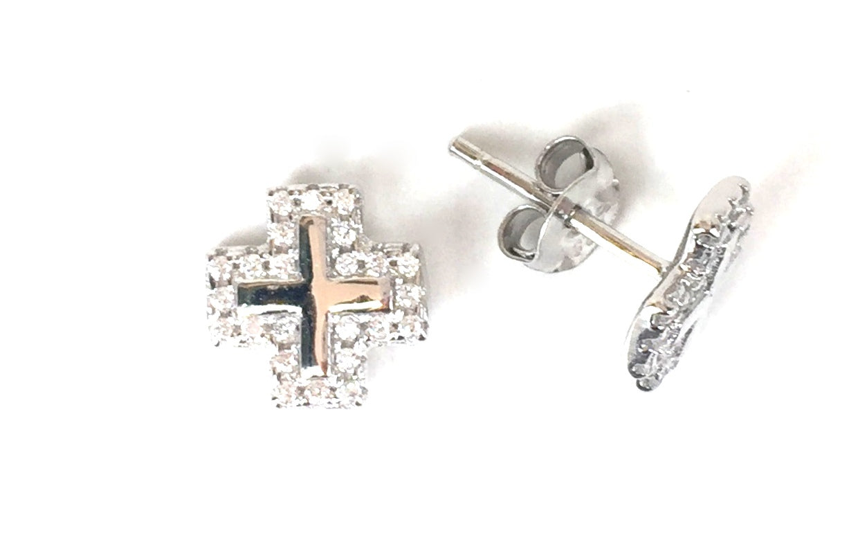 CROSS STUD PAVE CZ STERLING SILVER EARRINGS