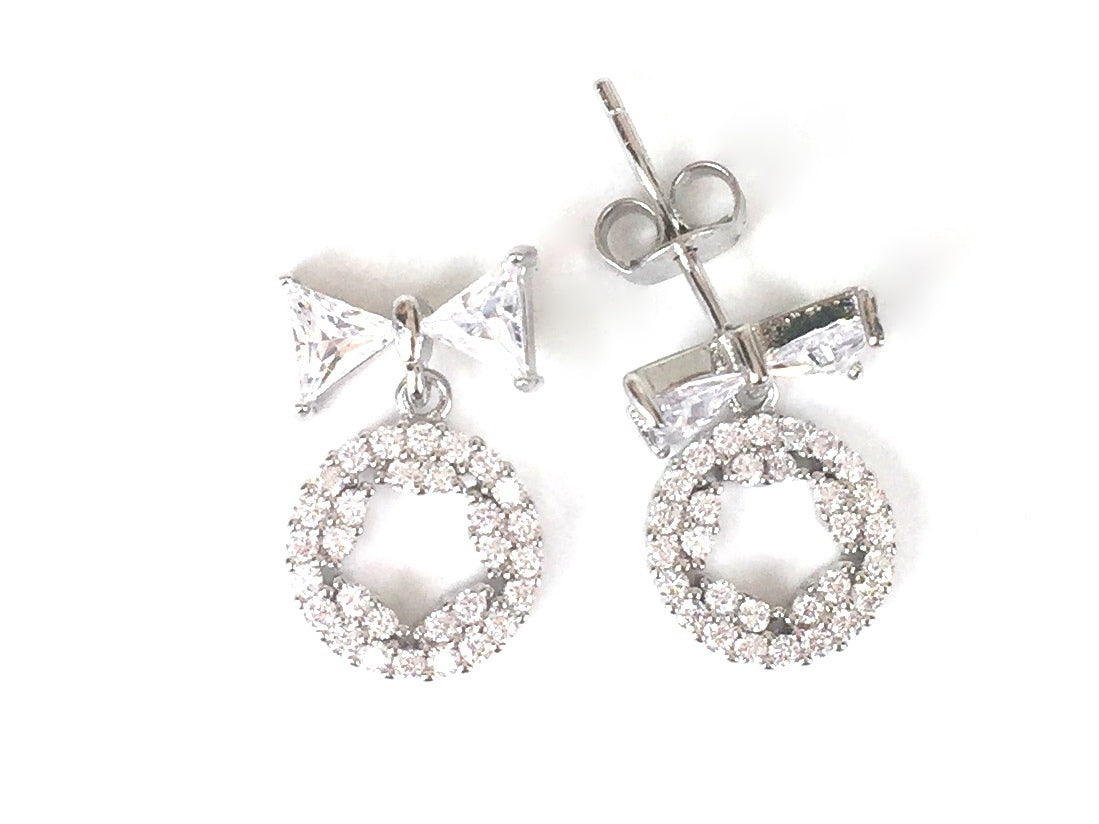 BOW AND STAR IN CIRCLE PAVE CZ STERLING SILVER EARRINGS