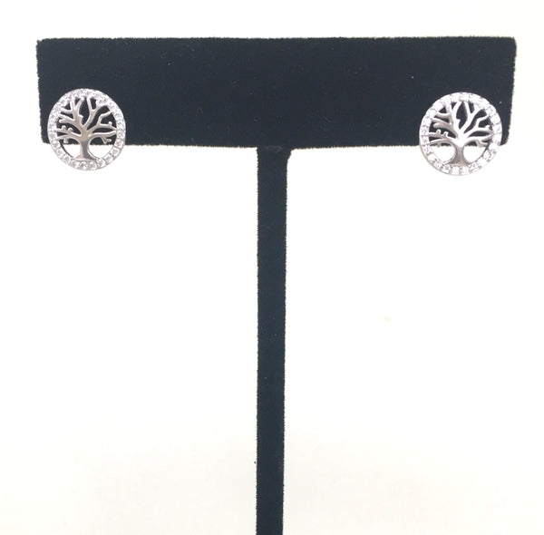 TREE OF LIFE STUD PAVE CZ STERLING SILVER EARRINGS