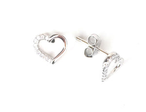 SMALL SIMPLE HEART STUD PAVE CZ STERLING SILVER EARRINGS