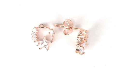 SMALL ROSE GOLD STAR ON CIRCLE STUD PAVE CZ STERLING SILVER EARRINGS