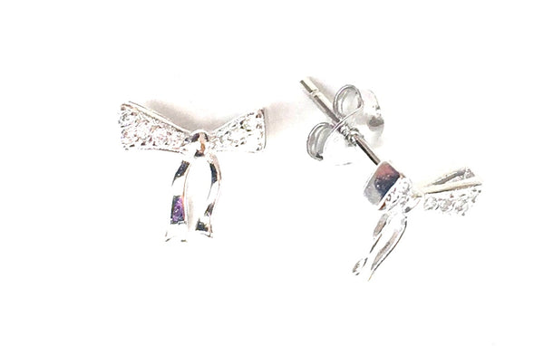 CUTE BOW STUD PAVE CZ STERLING SILVER EARRINGS