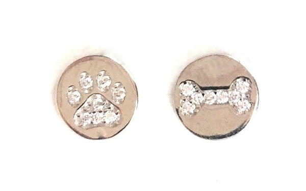 SMALL DOG PAW AND BONE STUD PAVE CZ STERLING SILVER EARRINGS