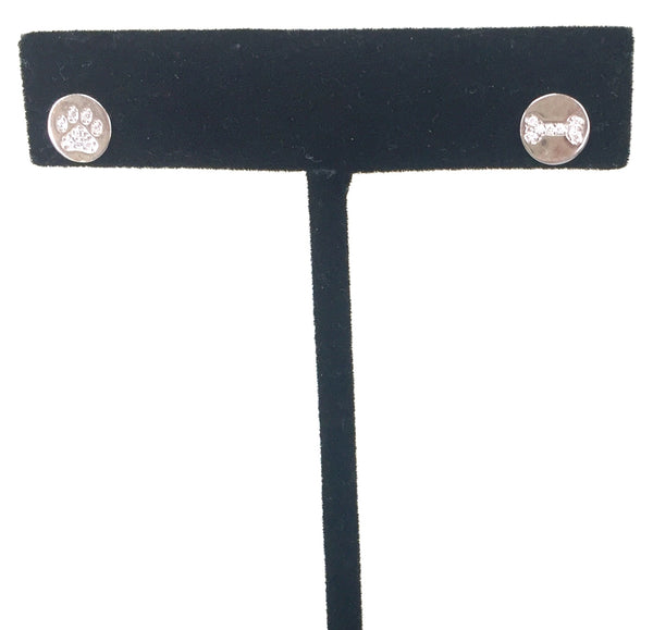 SMALL DOG PAW AND BONE STUD PAVE CZ STERLING SILVER EARRINGS