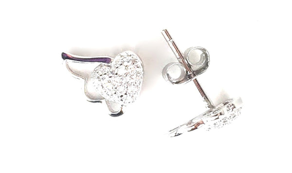 HEART WING STUD PAVE CZ STERLING SILVER EARRINGS