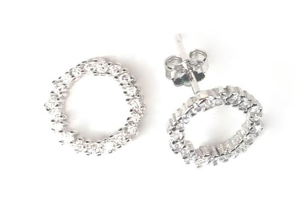 DECORATED CIRCLE STUD PAVE CZ STERLING SILVER EARRINGS