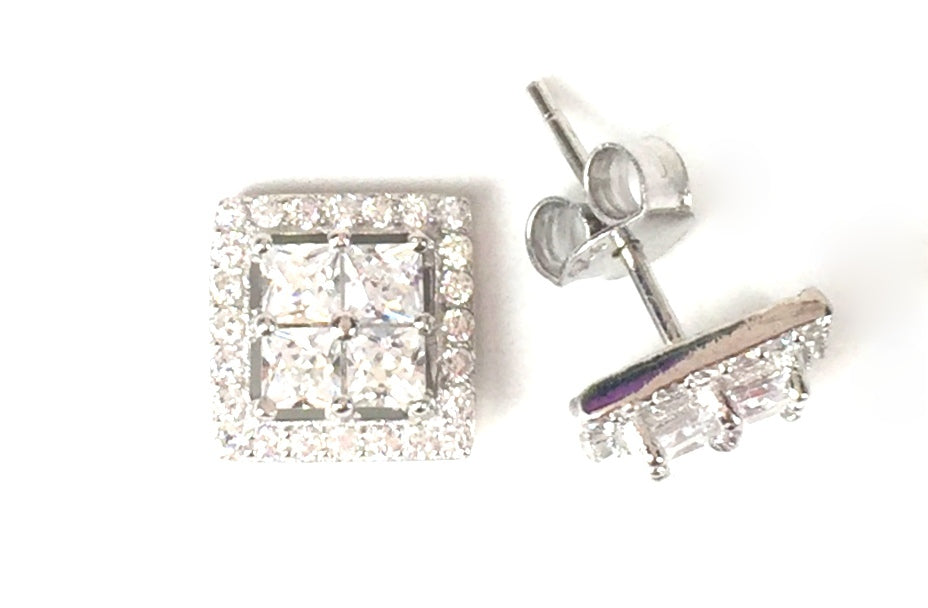 SQUARE IN SQUARE STUD PAVE CZ STERLING SILVER EARRINGS