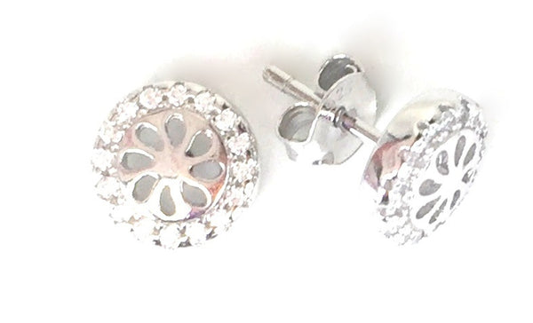 DECORATED WHEEL STUD PAVE CZ STERLING SILVER EARRINGS