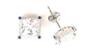DECORATED SQUARE STUD PAVE CZ STERLING SILVER EARRINGS