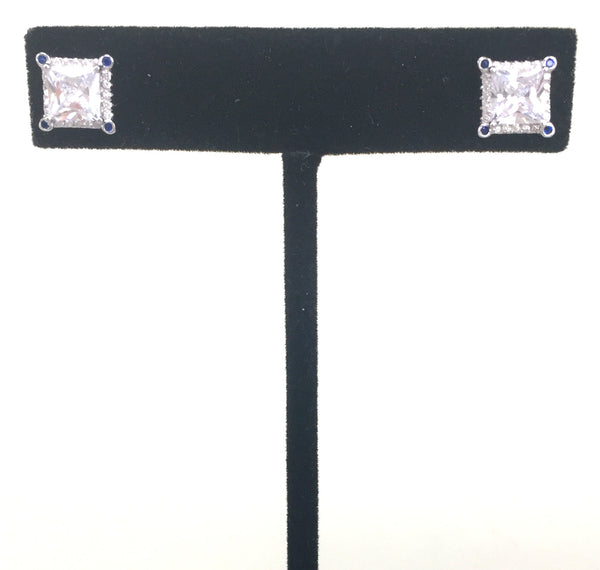 DECORATED SQUARE STUD PAVE CZ STERLING SILVER EARRINGS