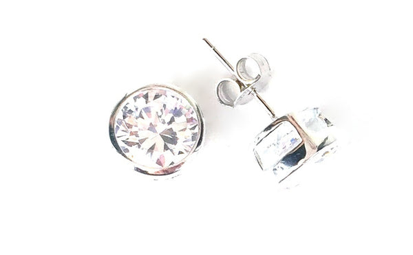 ROUND BEZEL SET CLEAR CZ STUD STERLING SILVER EARRINGS