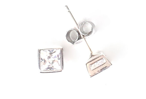 SQUARE BEZEL SET CLEAR CZ STUD STERLING SILVER EARRINGS