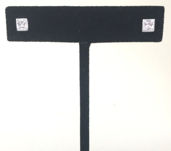SQUARE BEZEL SET CLEAR CZ STUD STERLING SILVER EARRINGS