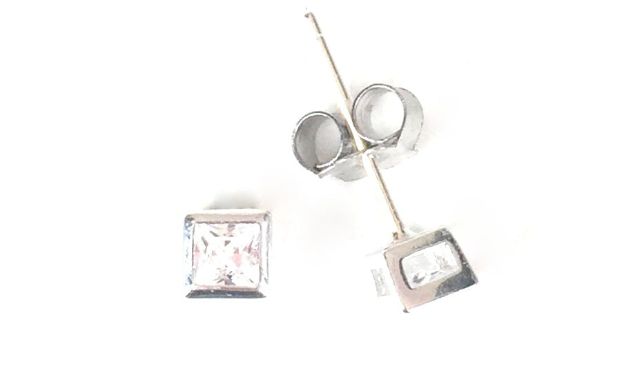 SQUARE BEZEL SET CLEAR CZ STUD STERLING SILVER EARRINGS