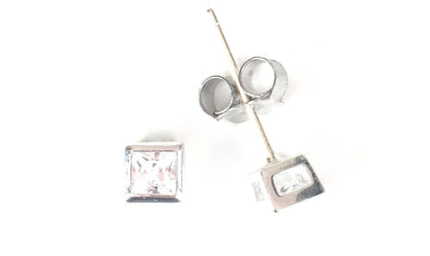 SQUARE BEZEL SET CLEAR CZ STUD STERLING SILVER EARRINGS