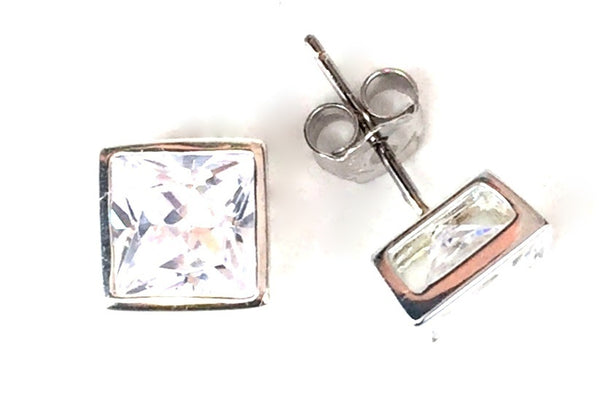SQUARE BEZEL SET CLEAR CZ STUD STERLING SILVER EARRINGS