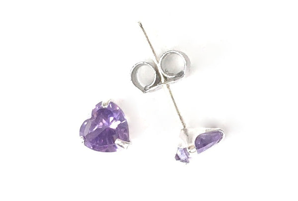 SMALL PURPLE HEART CLEAR CZ STUD STERLING SILVER EARRINGS